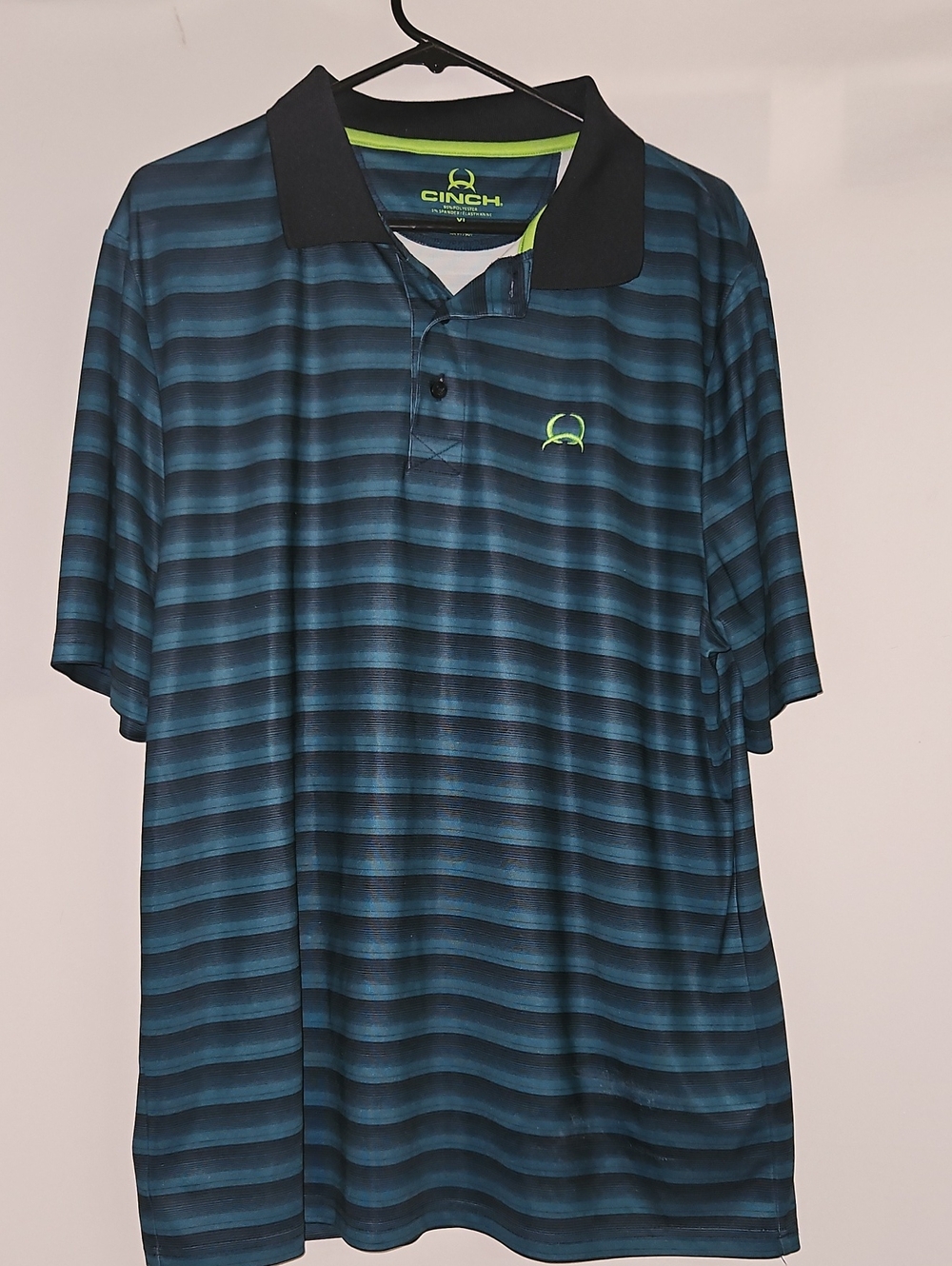 Cinch Men’s Teal and Black Striped Polo with Lime Accent Logo